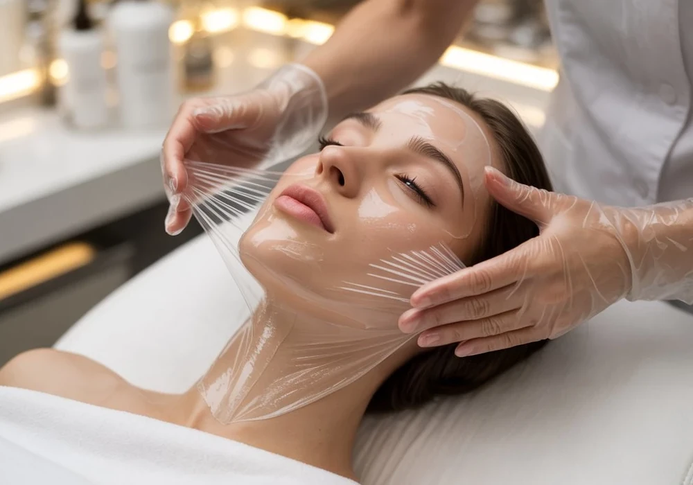 Chemisches Peeling professionelle Anwendung am Gesicht mit behandschuhten Händen und Kosmetikprodukten