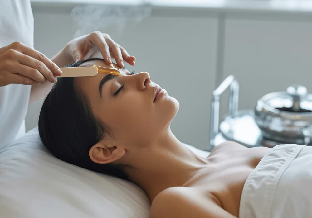 Face Waxing am Gesicht Wachs wird aufgetragen Kenner Kosmetik für glatte Kontur und Reinheit