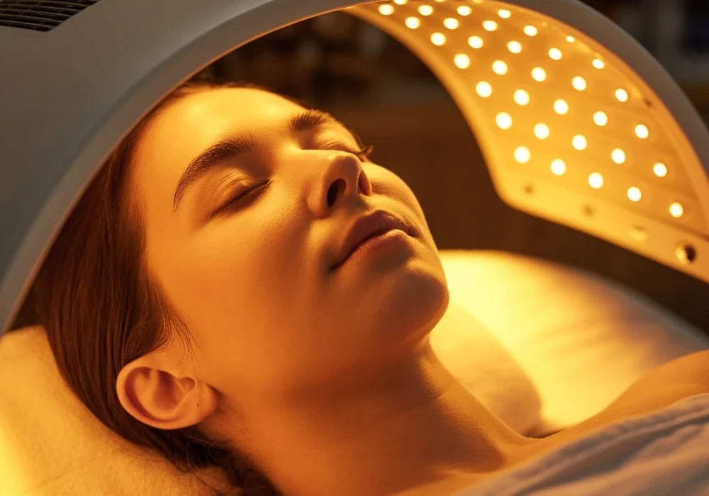 LED Luminescence Behandlung Gesicht mit gelbem Licht angestrahlt für Zellenergie und Beruhigung