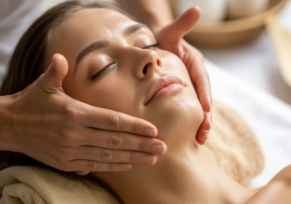 Lift Up Massage mit beiden Händen am entspannten Gesicht Kenner Kosmetik für natürliche Kontur und Straffung