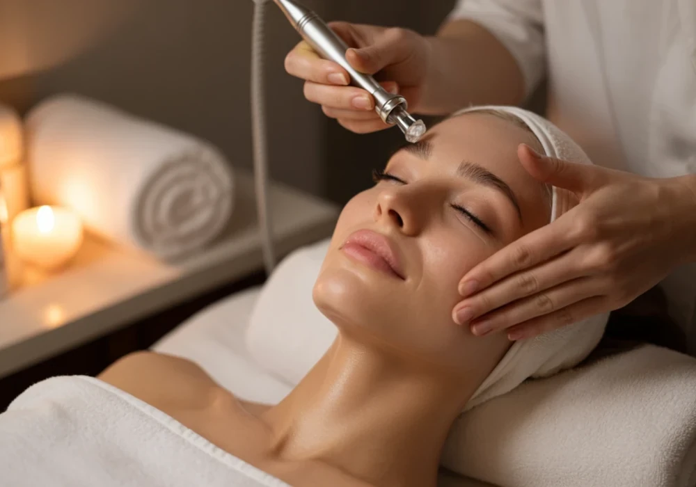 Microderm Clarity Behandlung Handstück am Gesicht mit Kerzen und Kosmetikprodukten für Reinigung und Erneuerung