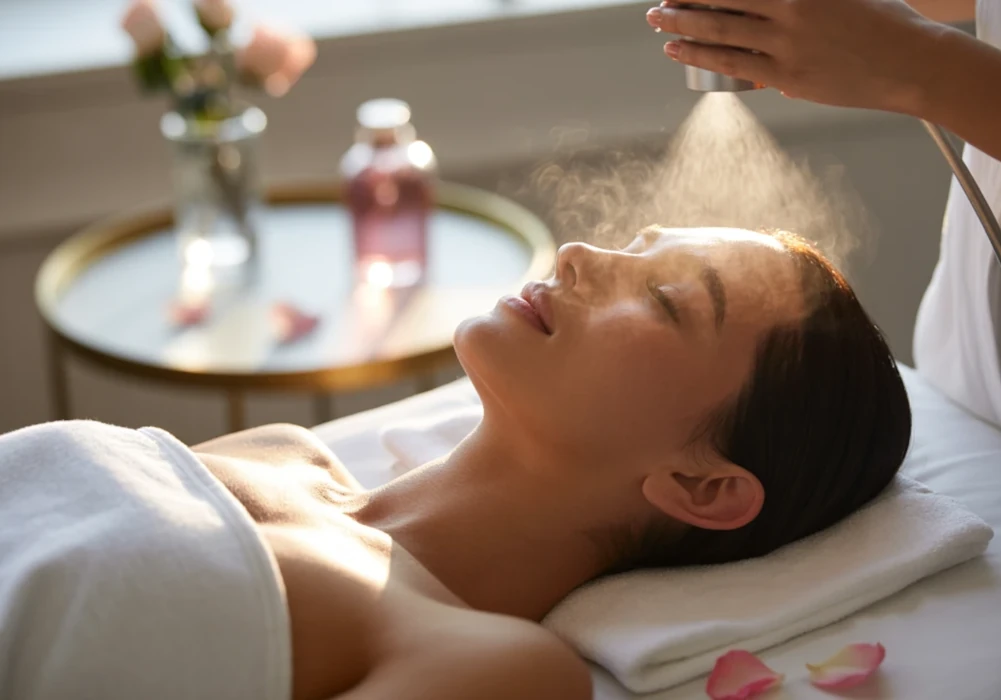 Oxygen Rose Calm Behandlung mit Sprühnebel aus Rosenwasser auf Gesicht Kenner Kosmetik